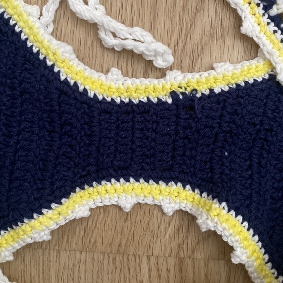 Boho Crochet Bikini Set Navy Blue Yellow Trim Festival Ready Beach Outfit - Picture 6 of 10